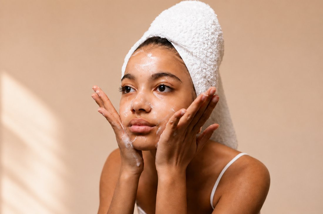 A young woman applying cleanser to her face